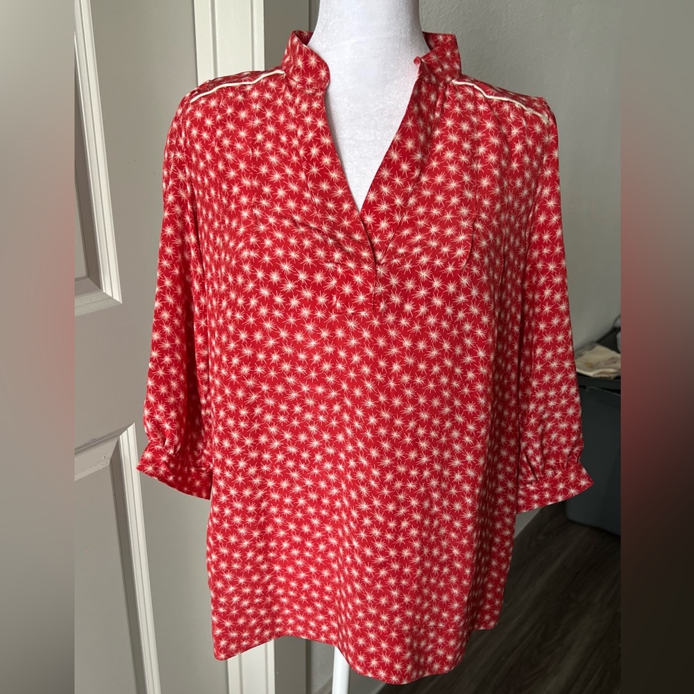 Orange red 3/4 Sleeve Relaxed silk Blouse with Mandarin Collar
